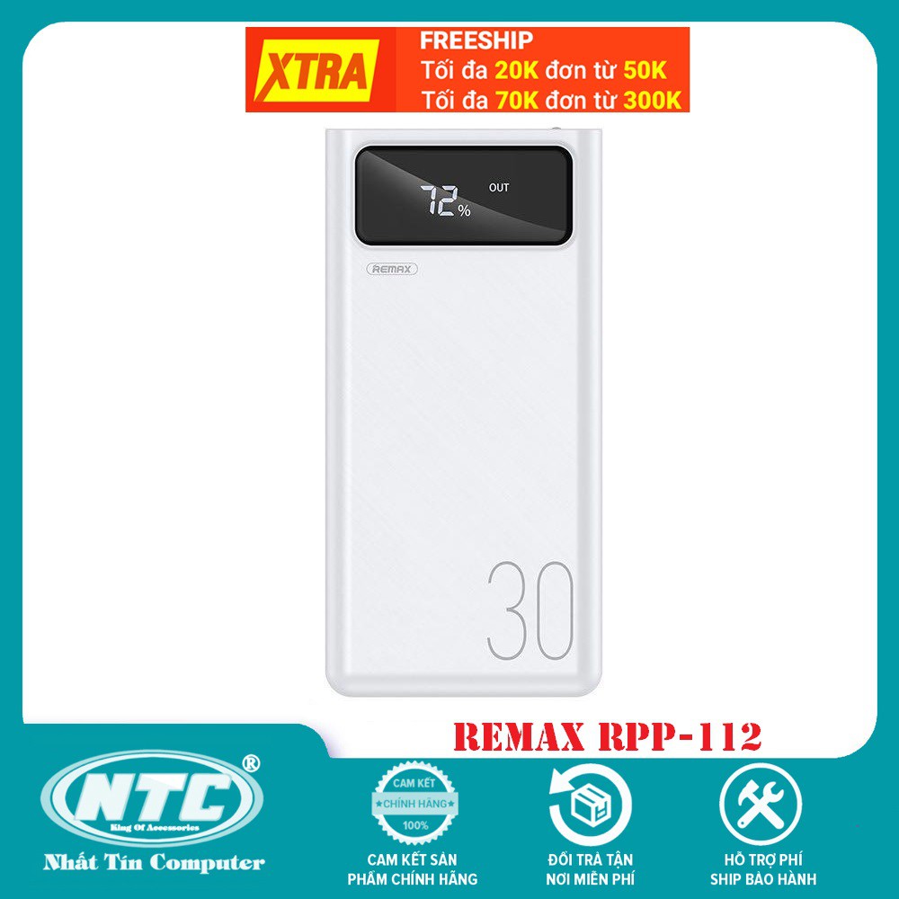 Pin sạc dự phòng Remax RPP-112 30000mAh, lõi Li-polymer, 3 cổng input, 4 cổng output (Trắng)