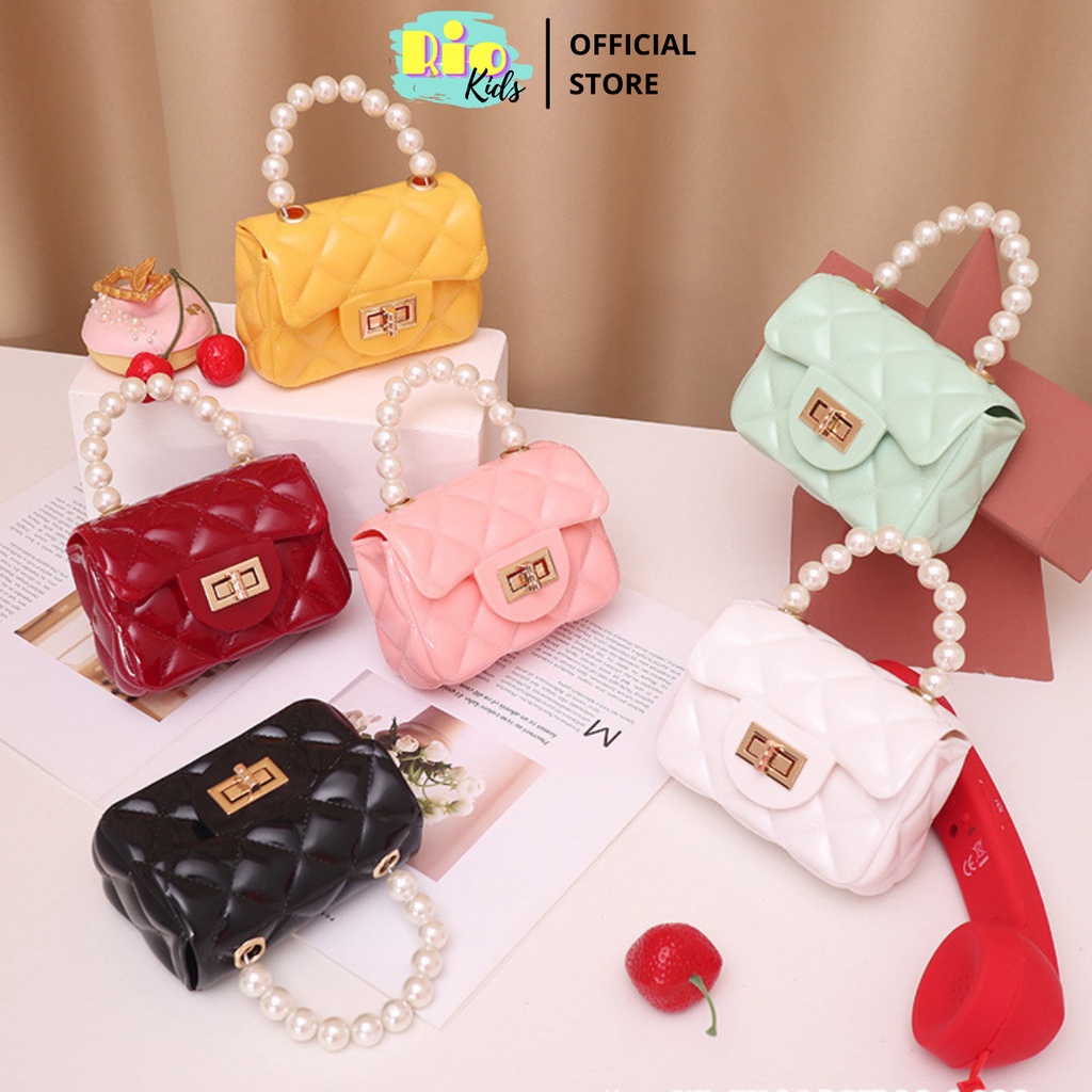 Túi xách, túi đeo chéo nhựa mini quai ngọc, cho bé gái, bạn nữ đi chơi, diện Tết - Riokids TX2
