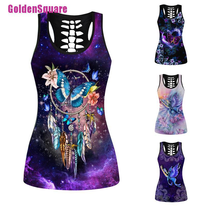 [Golden] 3D Printed Butterfly Yoga Suit Women Sexy Psychedelic Hollow Tanktop Vest