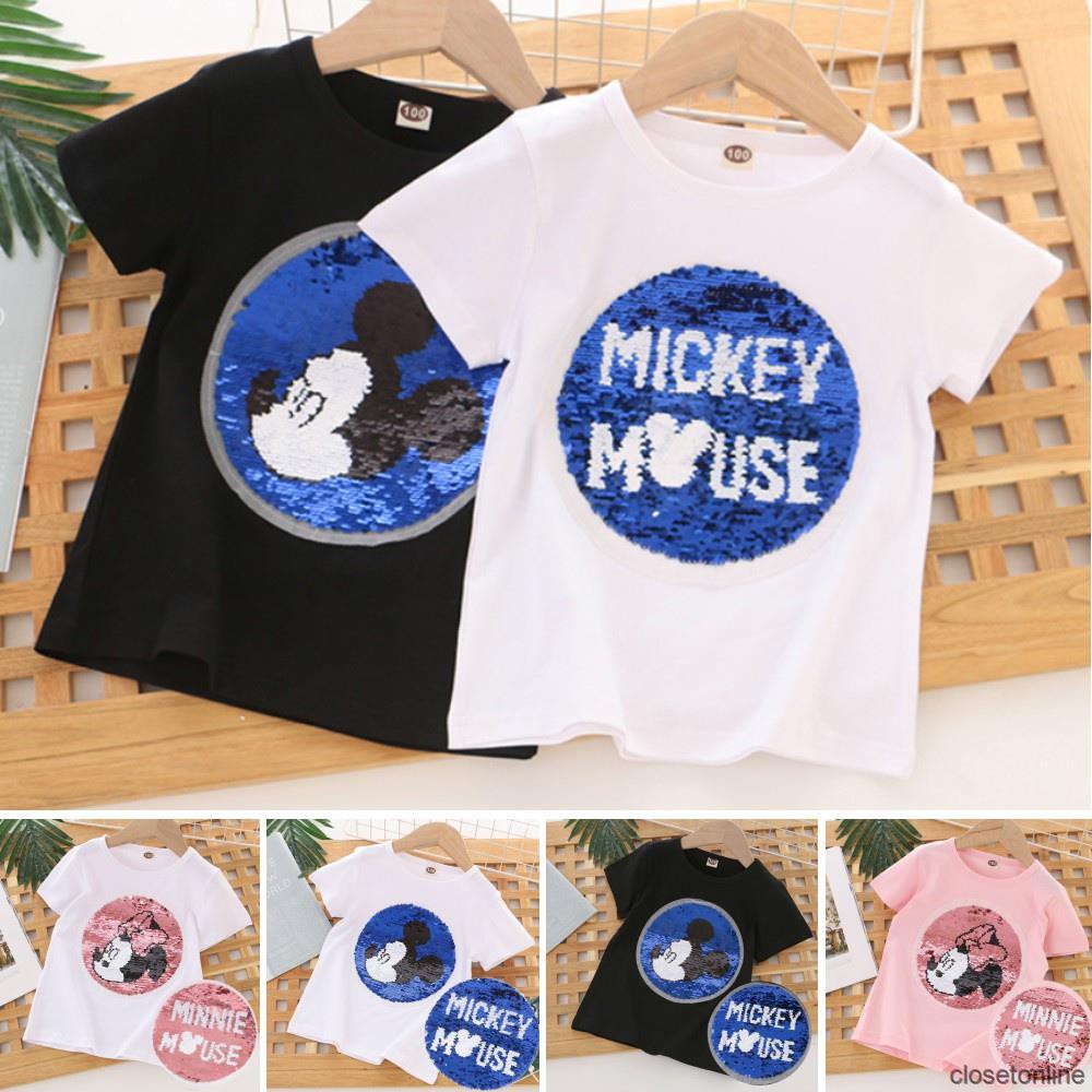 Áo Thun Cotton Cổ Tròn In Hình Chuột Mickey Đáng Yêu Cho Bé