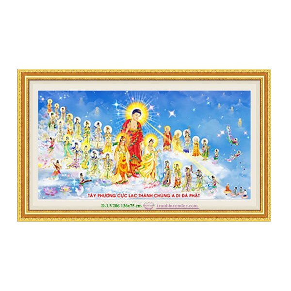 Tranh đính đá Tây phương cực lạc thánh chúng A di đà phật 136x75