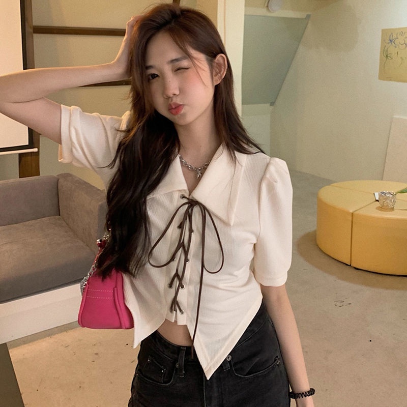 Áo Thun Tay Ngắn Cổ Polo Phối Dây Cột Thời Trang Mùa Hè Xinh Xắn Cho Nữ