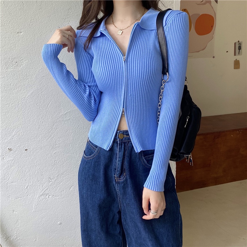 IELGY   Áo sweater cotton Tay Dài Hai Dây Kéo Màu Sắc Trơn Phong Cách Hàn Quốc