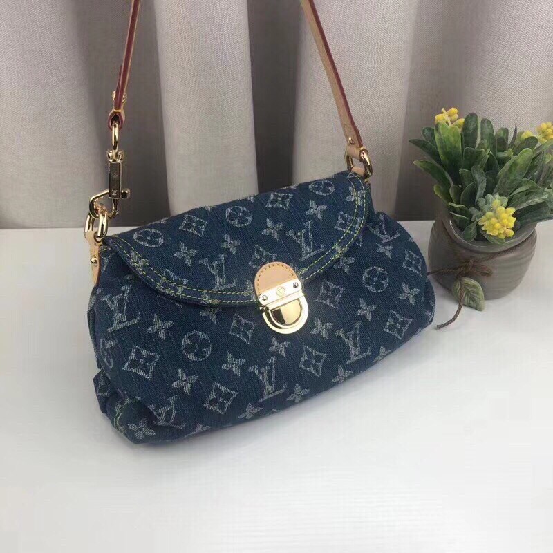 Túi xách tay nữ dáng nhỏ da vải denim in logo cao cấp louis vuitton LV