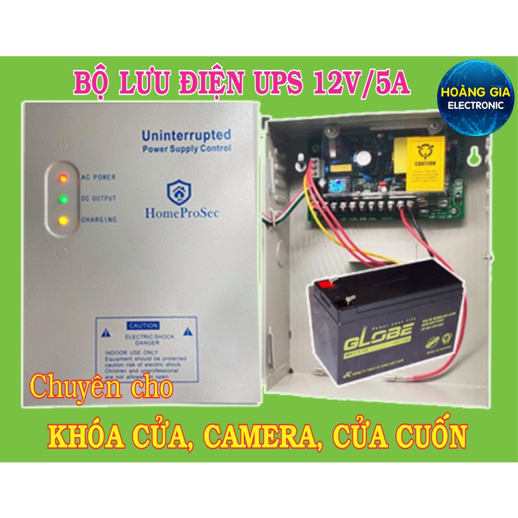 Bộ lưu điện (UPS) cho Khóa Cửa, Camera, Access control - Nguồn 12V5A (Đã có Acquy) - Nguồn Homprosec P208 {Lưu tầm 12h}