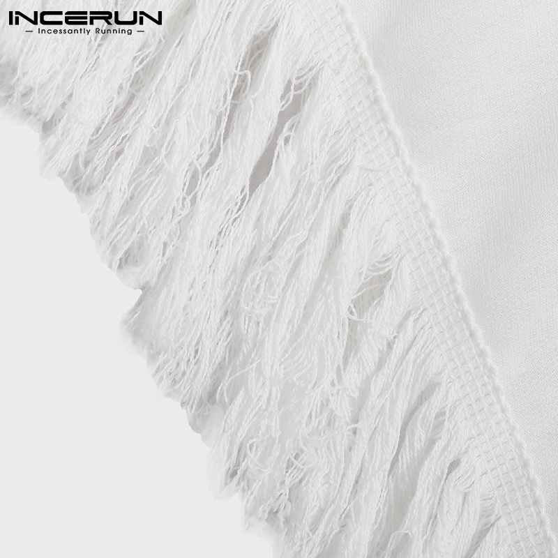 Áo trắng INCERUN tay ngắn cổ chữ V dáng rộng phối tua rua phong cách dân tộc dành cho nam giới