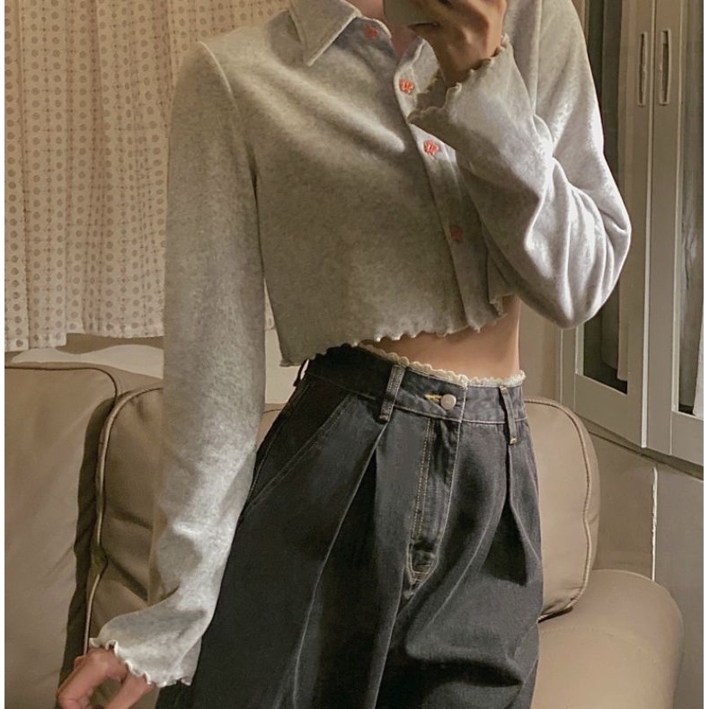 Quần Nữ Cạp Cao Đính Ren Dáng Suông Ống Rộng Chất Jeans