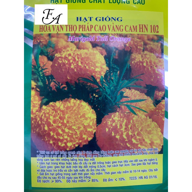 Hạt giống vạn thọ cao F1 bông to màu vàng cam HN 102 gói 75-80 hạt ( 0.5g ) giá rẻ