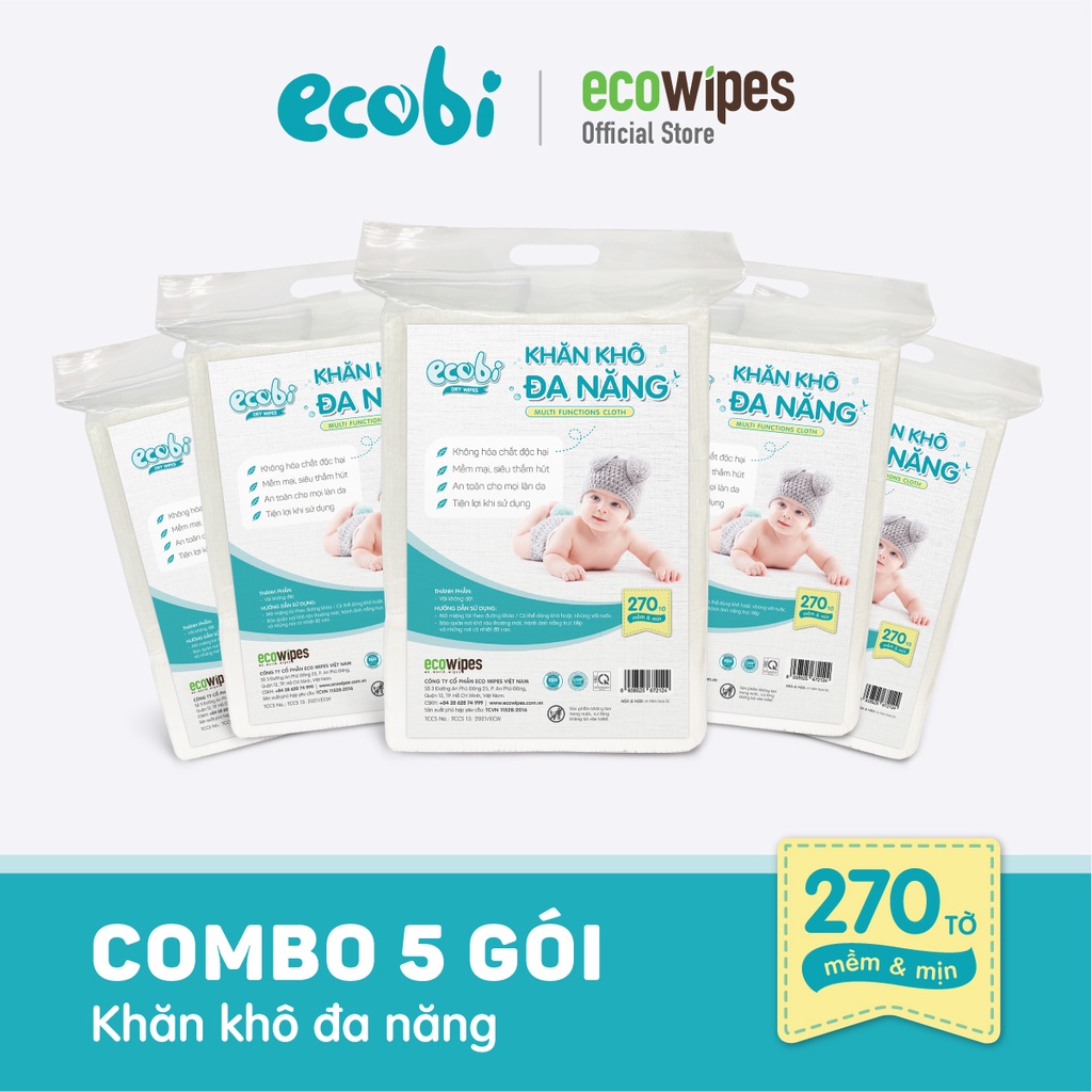 Combo 5 túi KHĂN KHÔ ĐA NĂNG ECOBI 270 tờ - Dùng thay khăn sữa, an toàn cho trẻ sơ sinh