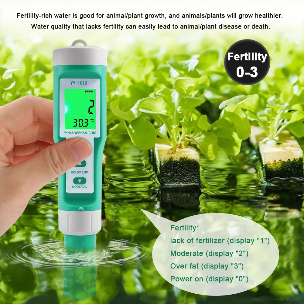 Bút đo pH 10 trong 1, pH/TDS/EC/Salinity/TEMP/S.G/ORP/H2/Fertility/Resistivity, Water quality tester