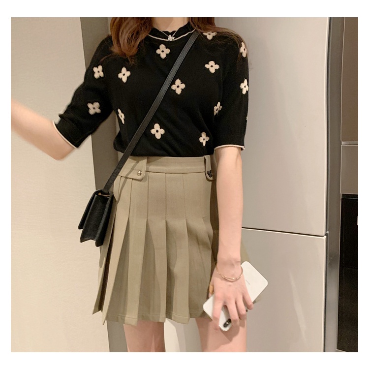 Áo sweater ZHELIHANGFEI cổ tròn tay ngắn thêu hoa màu tương phản phong cách Pháp ngọt ngào dành cho nữ