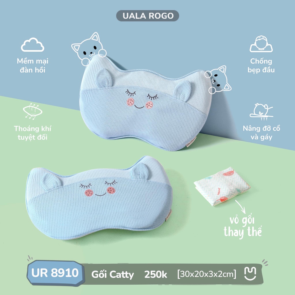 Gối Catty Uala Rogo Memoryfoam cao cấp mềm mịn độ đàn hồi tốt chống bẹp đầu hỗ trợ giấc ngủ ngon cho bé 8910 30x20x3x2cm