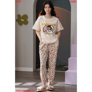Bộ đồ nữ cotton áo màu be quần họa tiết da báo - Micha D35