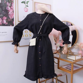Váy dài tay thắt eo Hàn Quốc - (ORDER)