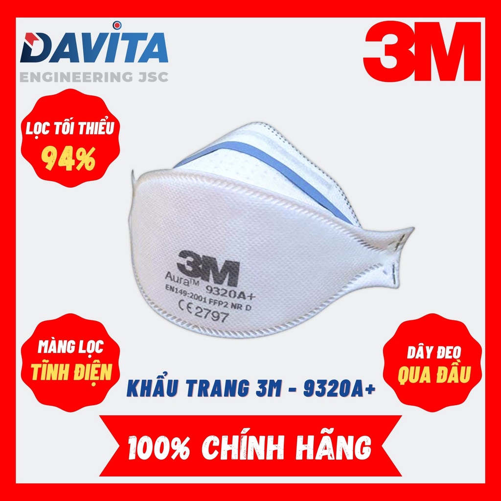 Khẩu trang 3M FFP2 Aura 9320A+, lọc bụi tối thiểu 94%