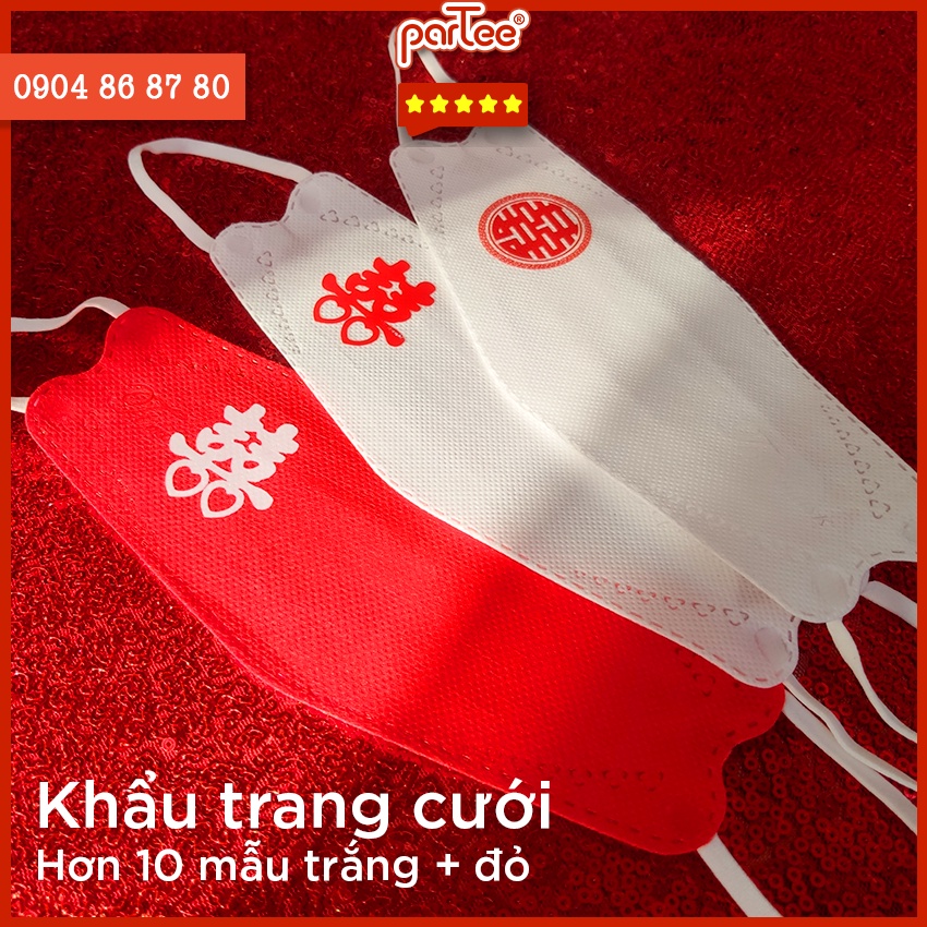 Hộp 10 cái Khẩu Trang Đám Cưới Chữ Hỷ 4D Hàn Quốc KF94 Tiêu Chuẩn Xuất Khẩu - Khẩu Trang Màu Đỏ / Trắng