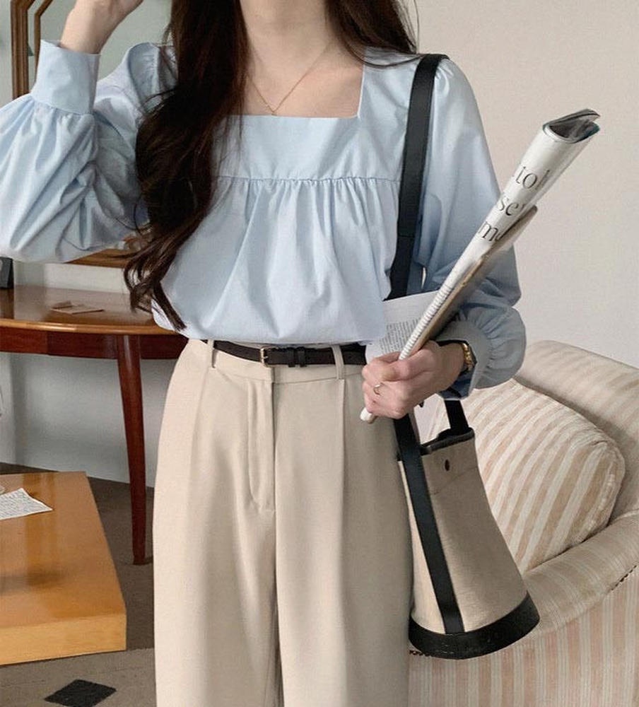 Áo Sơ Mi Nữ Tay Dài Cổ Vuông Màu Xanh Dương Dễ Phối Đồ Thời Trang 49734