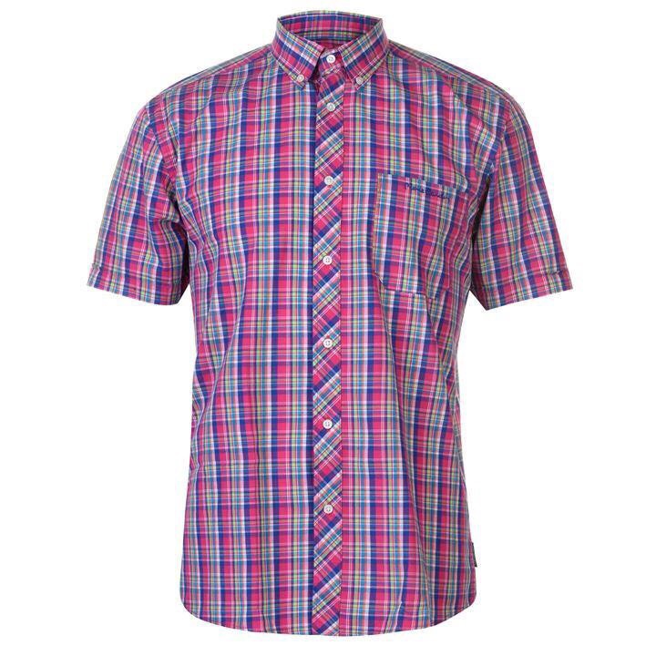 [100% Cotton - Sale] Áo sơ mi ngắn tay Pierre Cardin Check Short Sleeve Shirt Mens (Pink/Blue - Size EU - UK)