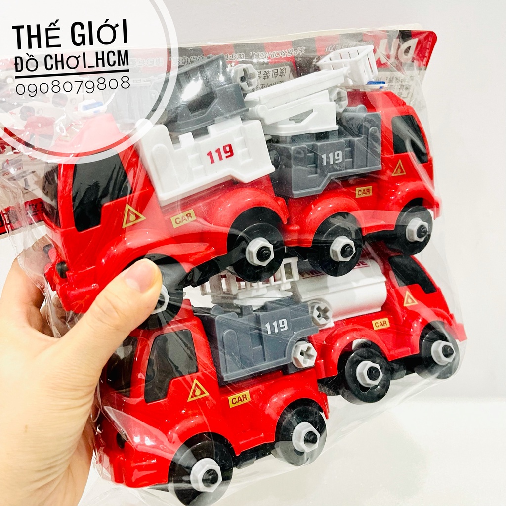 [LẮP RÁP CÓ TUA VÍT-TO] Túi đồ chơi 4 xe cứu hoả có kèm tua vích dành cho bé thích lắp ghép mô hình xe 666-632