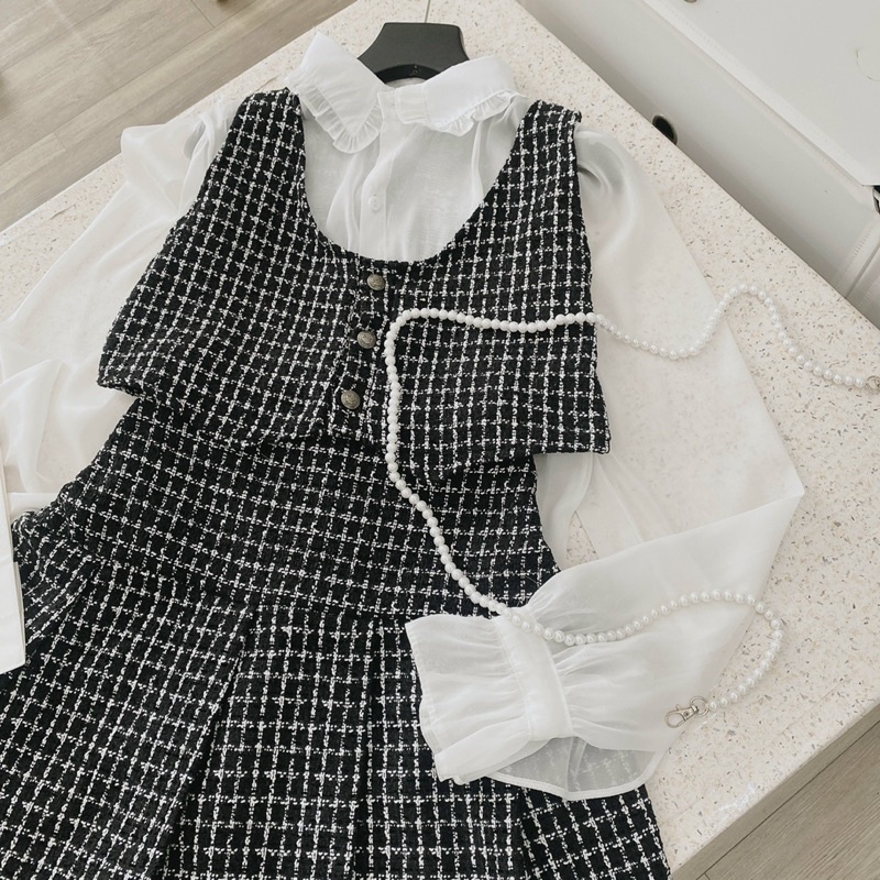 Set 3 món sơ mi tay bồng áo gile mix chân váy xoè dày dặn