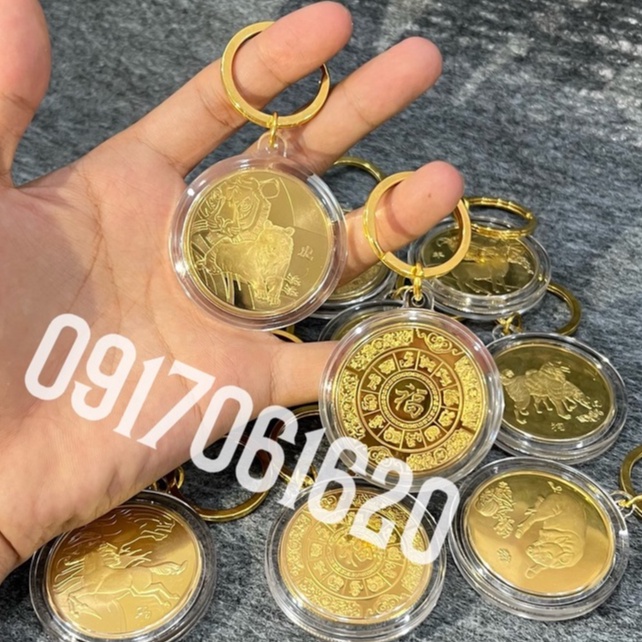 Móc Khóa Đồng Xu Khắc Hình 12 Con Giáp Phong Thủy May Mắn, Chất Liệu Niken Mạ Vàng Sáng Bóng