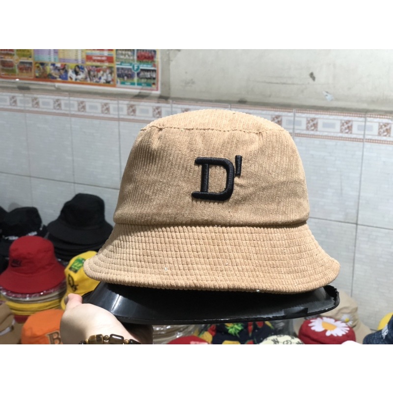 NÓN BUCKET THỜI TRANG NHUNG GÂN THÊU LOGO CHỮ D