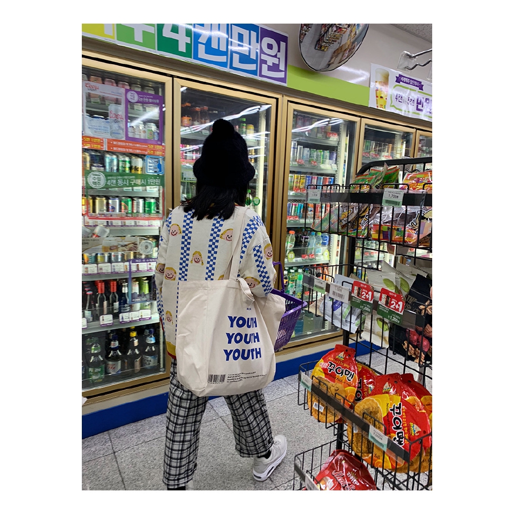 Túi Vải Canvas Đeo Vai In Chữ Thời Trang Trẻ Trung Kiểu Nhật Hàn