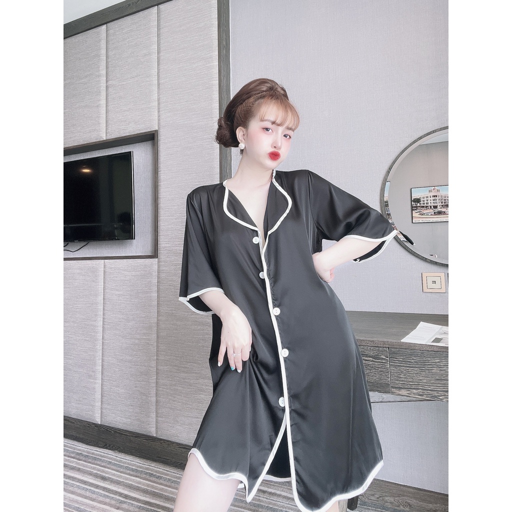 Đầm ngủ sơ mi lụa Latin váy ngủ sexy nữ bigsize cổ bẻ gợi cảm (tặng kèm quần ngủ xinh xắn cùng màu)