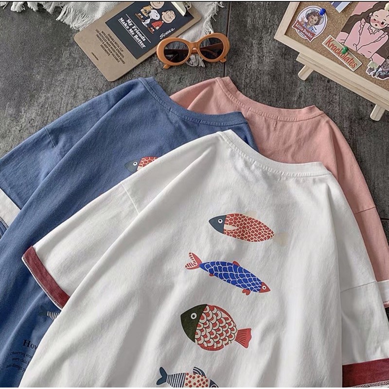 Áo thun tay lỡ form rộng phối tay in hoạ tiết chú cá - Unisex nam nữ đều mặc được