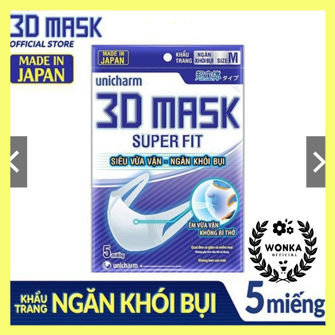 Khẩu trang ngăn khói bụi Unicharm 3D Mask Super Fit size M gói 5 cái.