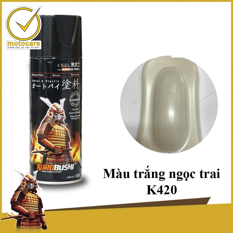 Bộ sản phẩm K420 Chai sơn xịt sơn xe máy Samurai K420 màu trắng Ngọc trai Kawasaki và giấy Nhám Nhật