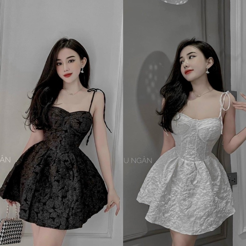 Đầm Cúp Ngực Xoè Bồng Gấm Dây Thắt Vai