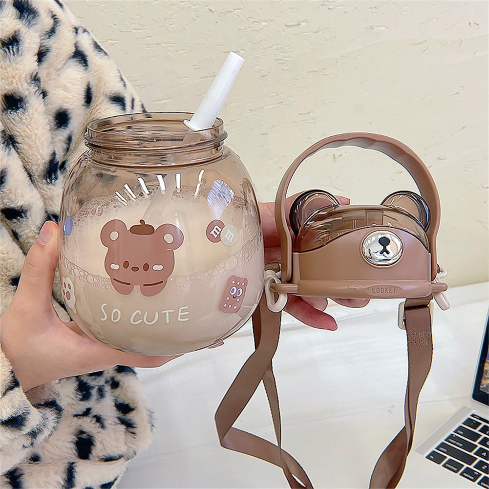 1300ml cartoon bear plastic cup Children's Portable Outdoor Straw Strap Mug Mug Student Cross Belly cup