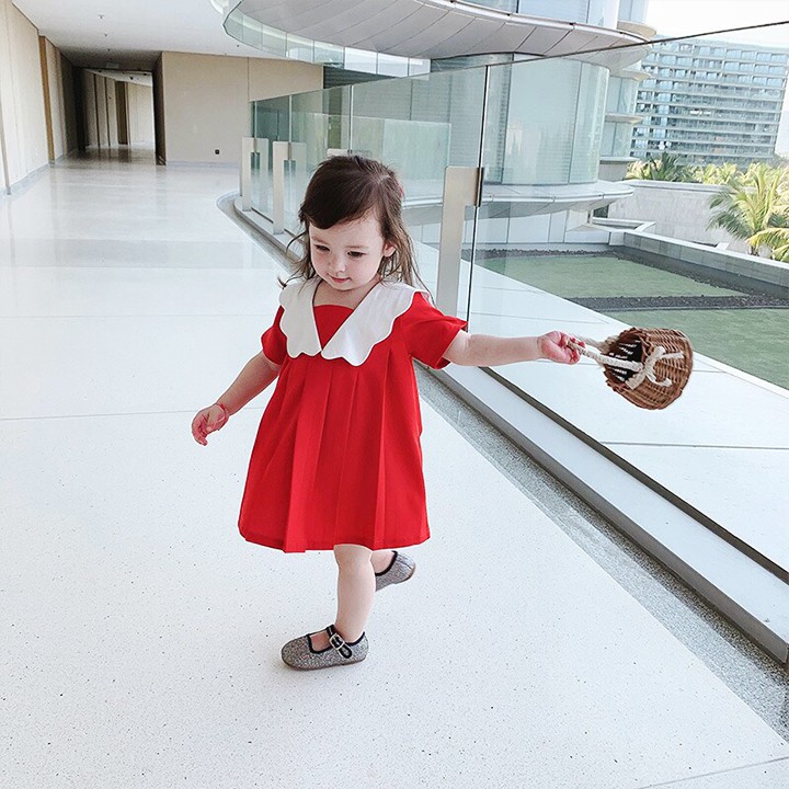 Đầm xòe đỏ cổ bèo xinh yêu cho bé 1-10 tuổi chất cotton nhẹ mát họa tiết đơn giản nhẹ nhàng Baby-S – SD070