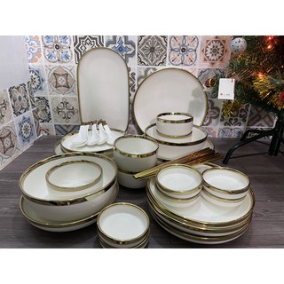 (set) bộ chén bát màu trắng viền vàng gốm sứ Nhật bản phong cách tối giản men cao cấp (hàng order)