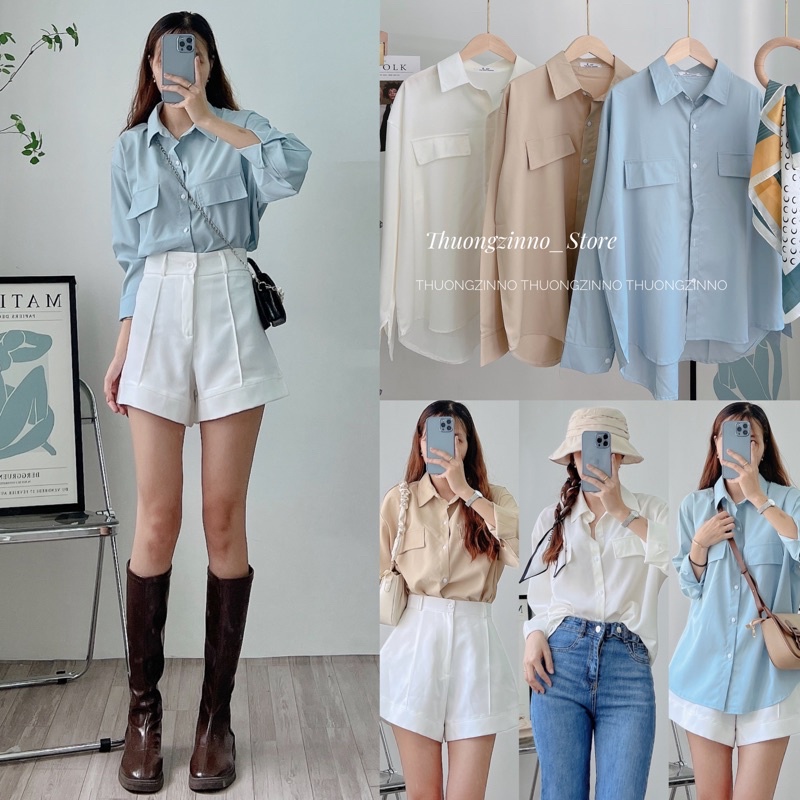 [Ảnh thật/Video]Áo sơ mi túi ngực dài tay form rộng hàn quốc