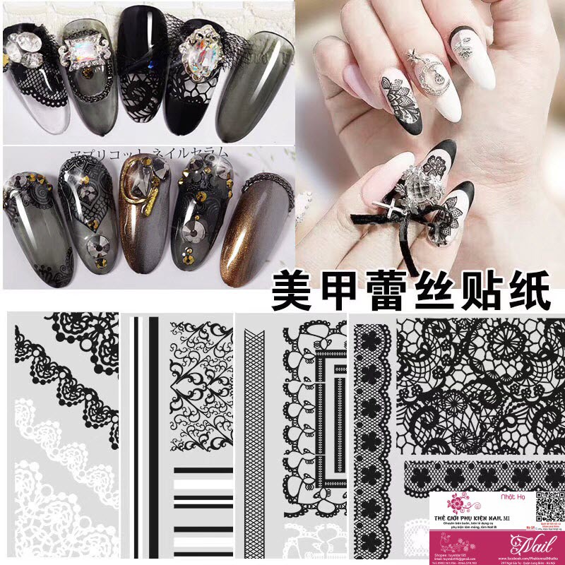 Nail Sticker Ren Hoa Đen Trắng Dán Móng Tay Rất Đẹp - Lẻ 1 Cái