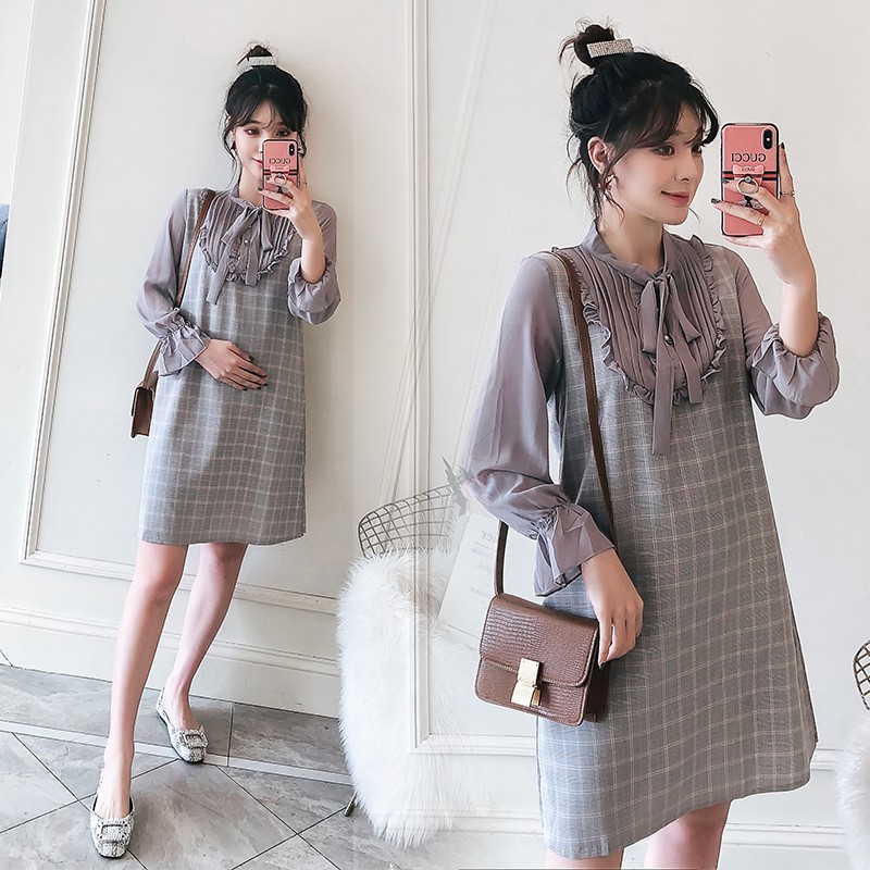 G141 Đầm bầu dáng suông rộng dài tay cổ nơ siêu xinh