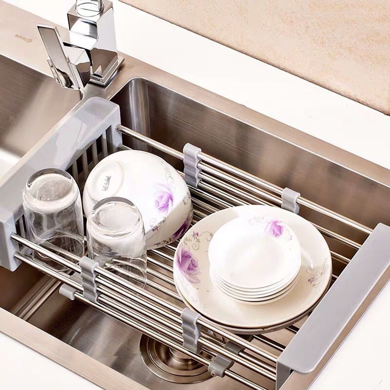 Khay inox gác bồn - Giá inox co giãn để chậu rửa bát - Rổ inox rút gọn đa năng đựng đồ