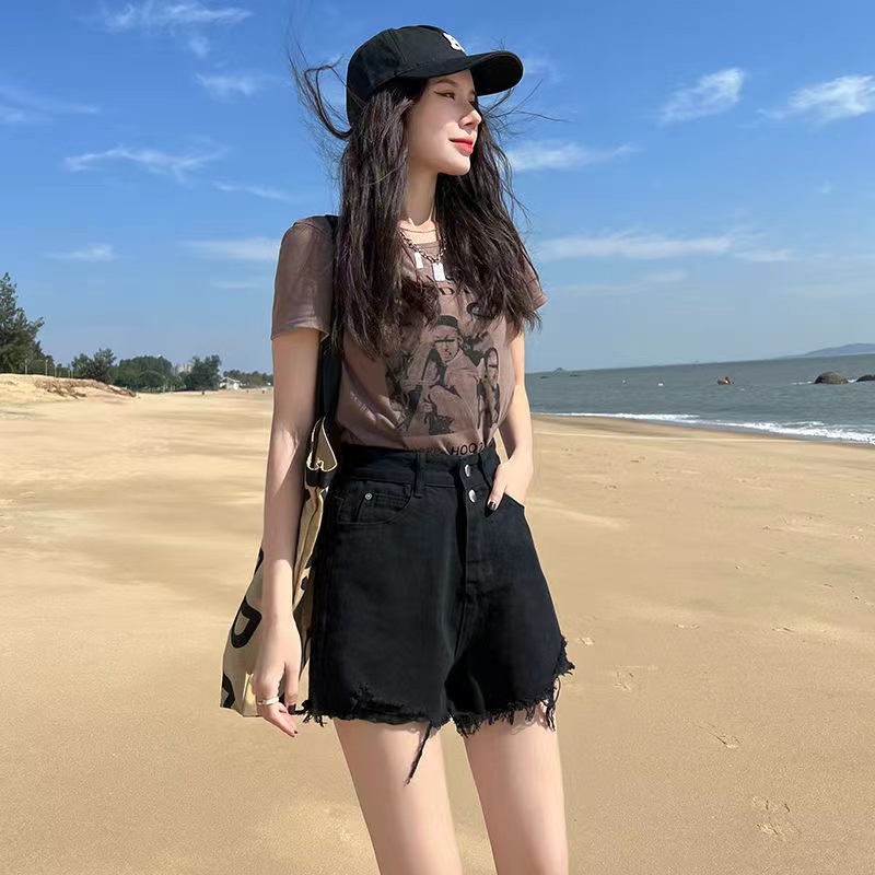 Quần short lưng cao ống rộng màu trơn phối rách thời trang Hàn Quốc cho nữ