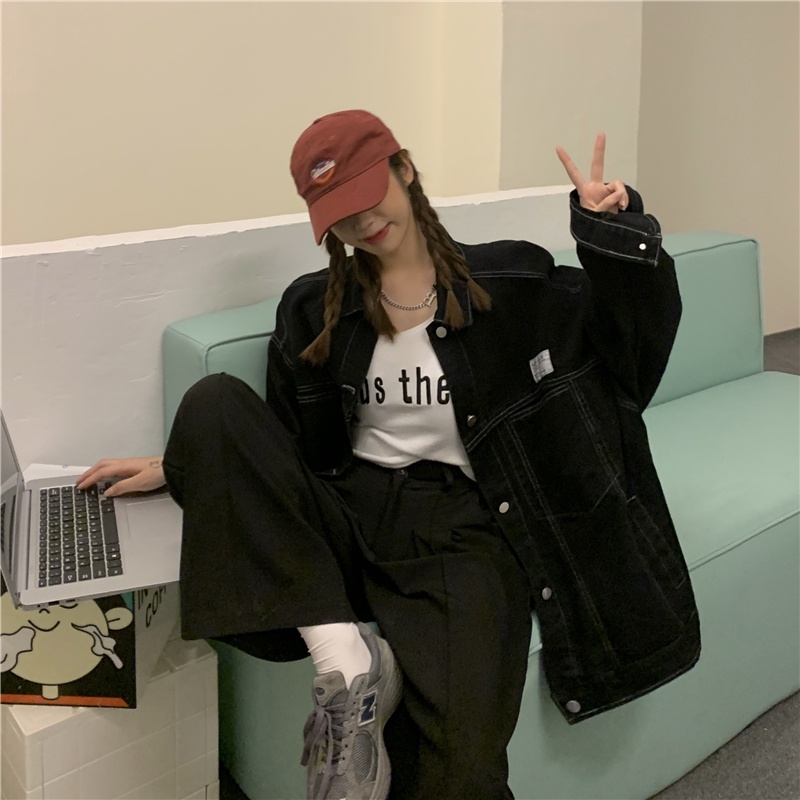 Áo khoác bò nữ, Áo khoác jean oversize màu xanh denim phom rộng suông phong cách ulzzang hàng Quảng Châu Cheapy C1027