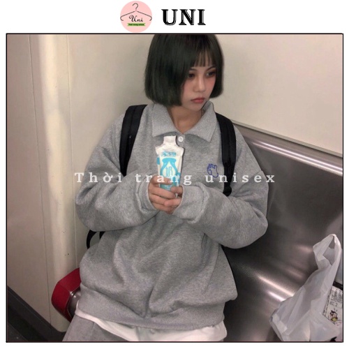 Set áo nỉ tay bồng cổ polo con voi kèm quần ống rộng xám - Uni