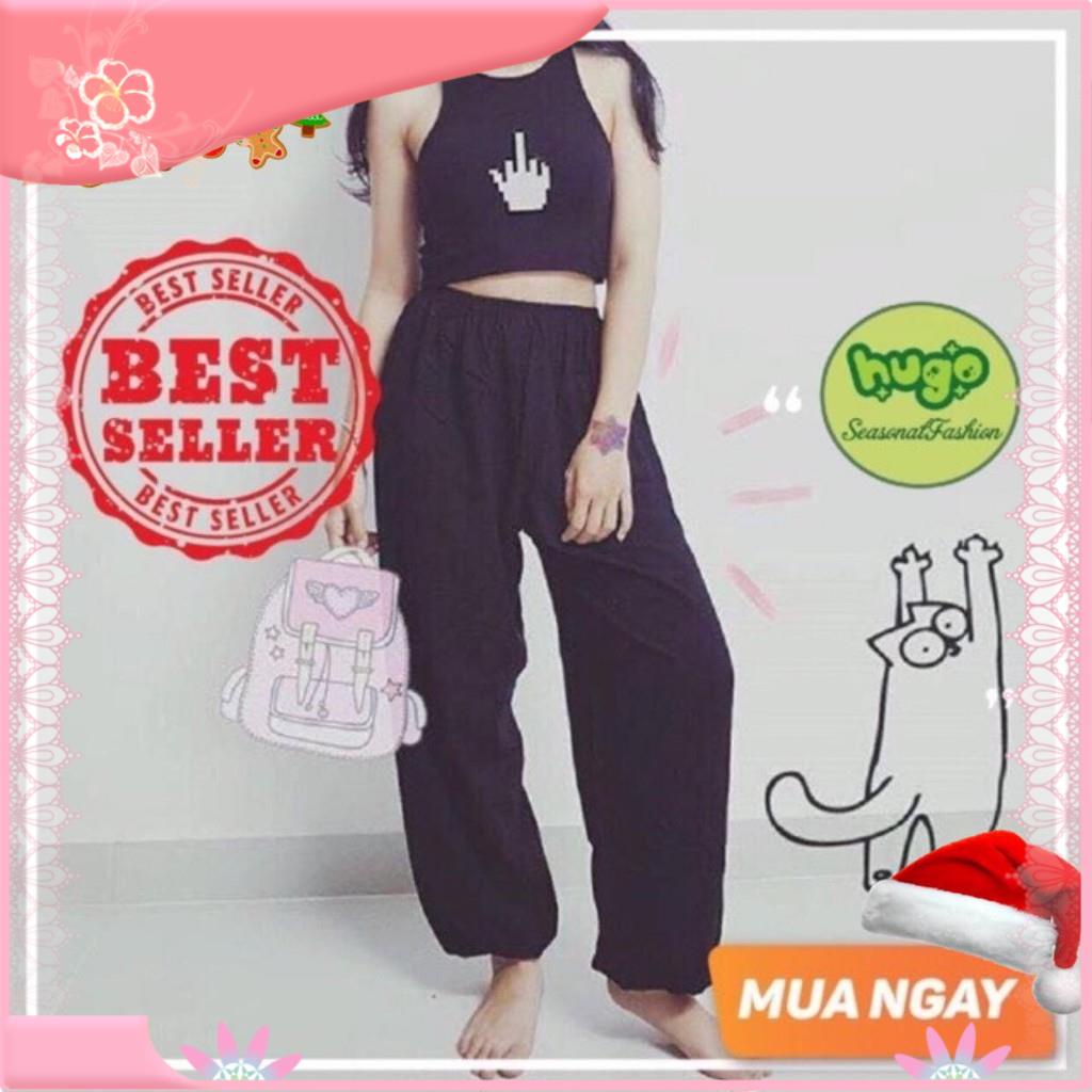 Quần Alibaba 🌈Màu đen 🌈 quần lanh một màu đen trơn phom to ống bo nam nữ 40 - 80kg