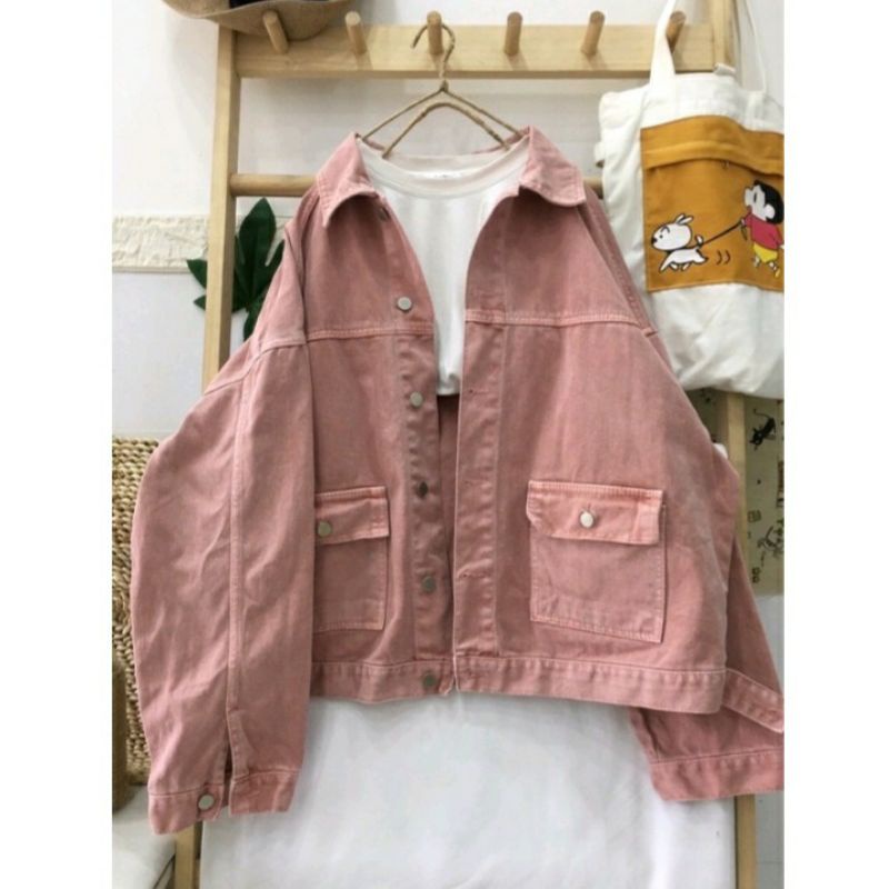 Áo denim Hàn màu hồng ruốc siêu xinh cho nam [2hand]