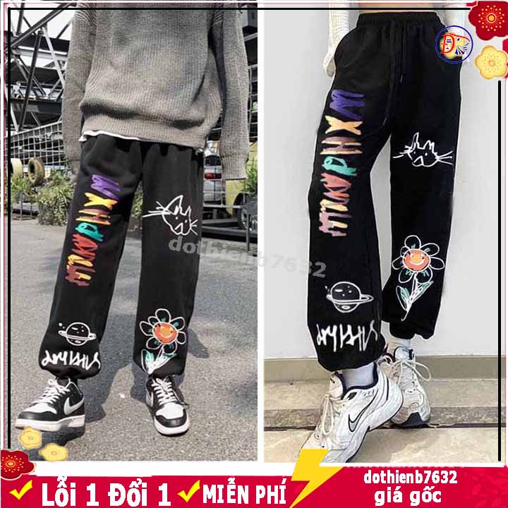 Quần Jogger Dài Ống Rộng In Hình Hoa ⚡️ MẪU MỚI ⚡️Nỉ Ulzzang Dây Rút Ở Gấu Ống Suông phong cách hàn quốc mặc được 2 kiểu