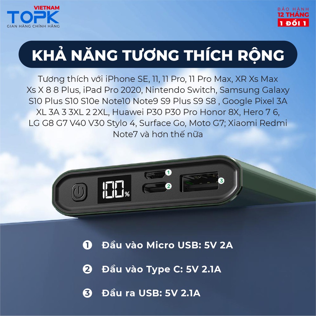 Sạc dự phòng 10000mAh TOPK I1006 - Đầu ra USB sạc ổn định - Màn hình LED - Hàng chính hãng Bảo hành 12 tháng 1 đổi 1