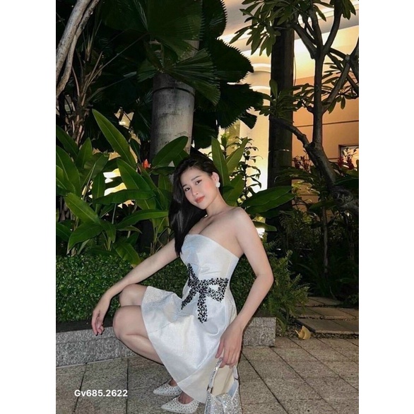 Gv685- Đầm cúp đính đá nơ eo, chất tapta , 2 màu