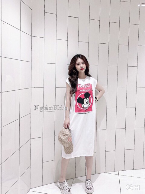 [vayxuong]ĐẦM SUÔNG COTON NỮ CHUỘT MICKY in chữ “ROCTEC”