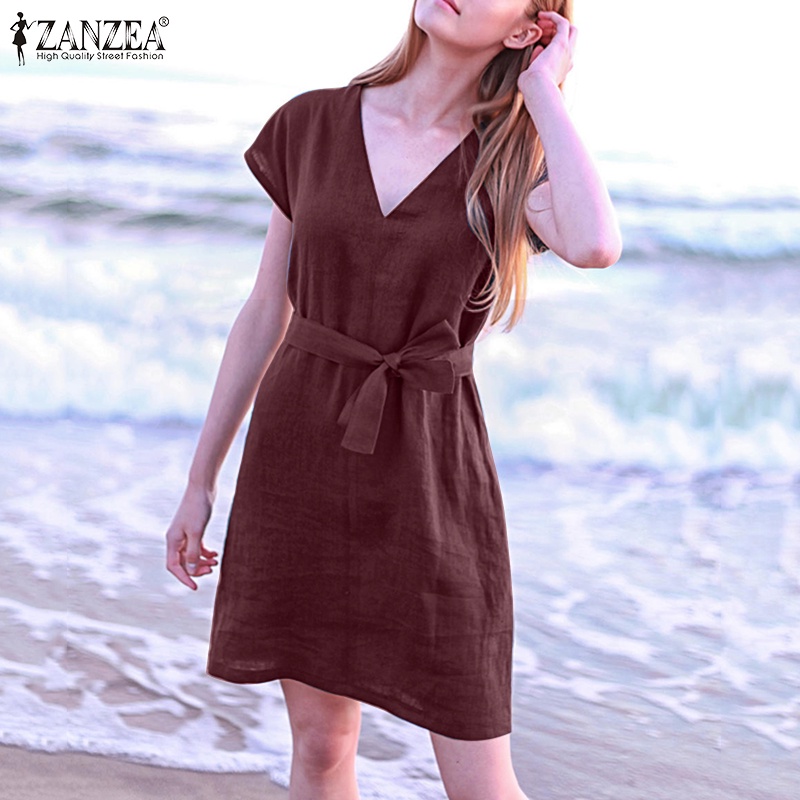 Đầm ZANZEA tay ngắn cổ chữ V thời trang quyến rũ cho nữ