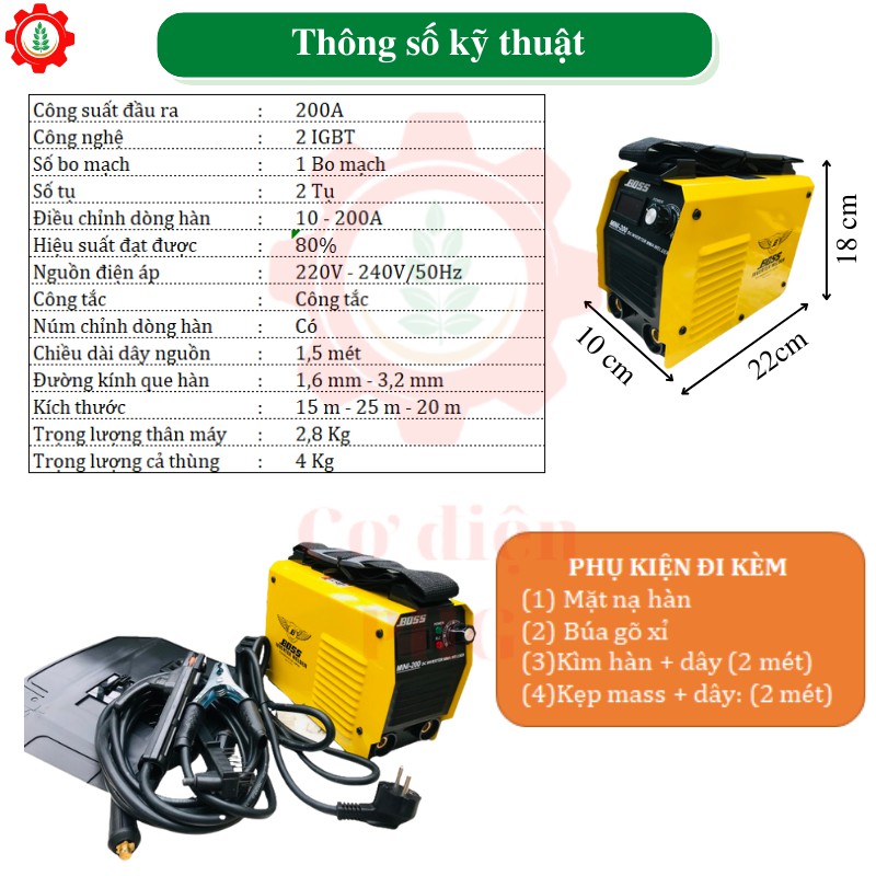 Máy hàn điện tử BOSS MINI ARC 200A | Công suất 200A | Sử dụng que hàn 1,6 - 3,2 ly | Công nghệ Nhật Bản | Máy hàn que